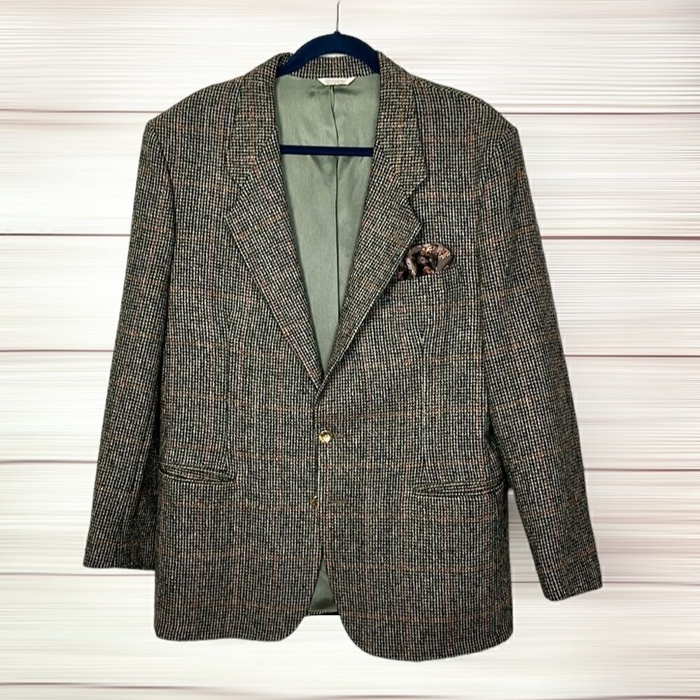 Vintage Mens Austin Grey Wool Sport Coat Houndstooth Black Tan Two Button 42R